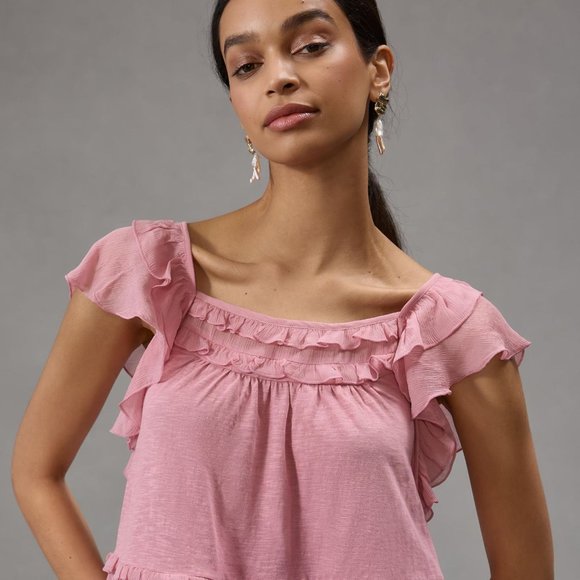 Brand New By Anthropologie Ruffled Flutter-Sleeve Top - Picture 7 of 10